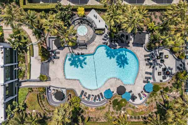 Resort inspired pool deck at Ocean Club in Redondo Beach